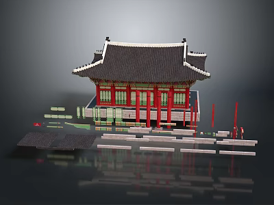 Traditional Korean Architecture With Red Pillars Black Roof Curved Eaves And Wooden Components 3d model