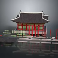 Traditional Korean Architecture With Red Pillars Black Roof Curved Eaves And Wooden Components