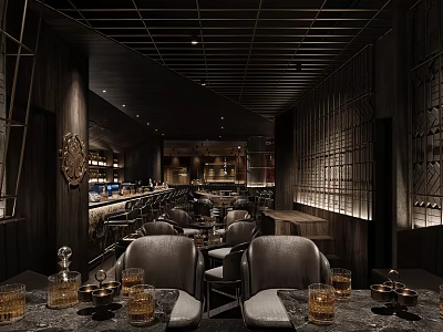 Modern Bar Interior With Dark Wooden Decor Bar Counter Dining Tables And Ambient Lighting 3d model