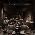 Modern Bar Interior With Dark Wooden Decor Bar Counter Dining Tables And Ambient Lighting