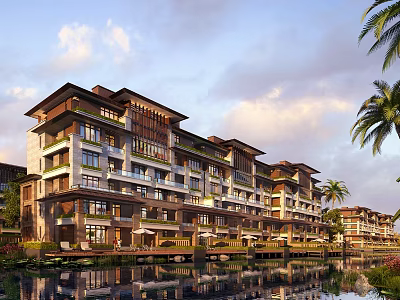 Modern Luxury Multi story Residential Building With Balconies Waterfront View And Palm Trees 3d model