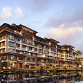 Modern Luxury Multi story Residential Building With Balconies Waterfront View And Palm Trees