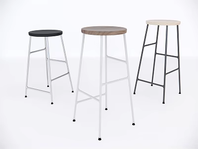 Three Modern Bar Stools with Black Wooden and Beige Seats and Metal Legs 3d model
