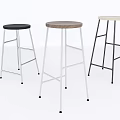 Three Modern Bar Stools with Black Wooden and Beige Seats and Metal Legs
