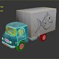 Blue Toy Cargo Truck With White Container And Fish Drawing Design