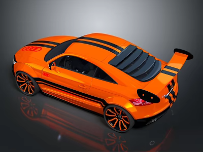 Orange Sports Car With Black Stripes Rear View Sporty Spoiler And Alloy Wheels 3d model