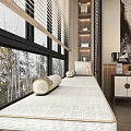 Modern Bay Window Cabinet With Cushioned Seat Potted Plant And Scenic View
