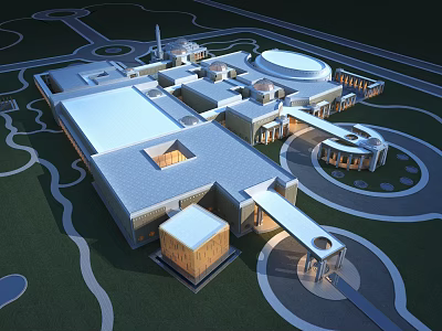 Modern Architectural Complex Featuring Various Roof Designs Courtyards And Green Landscaping 3d model