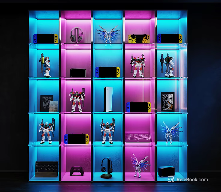 Action Figure Display Cabinet With Colorful LED Lights Collectible Action Figures On Organized Shelves 3d model 