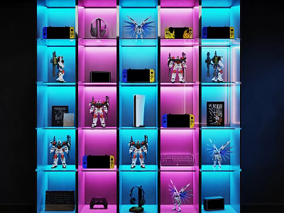 Action Figure Display Cabinet With Colorful LED Lights Collectible Action Figures On Organized Shelves 3d model