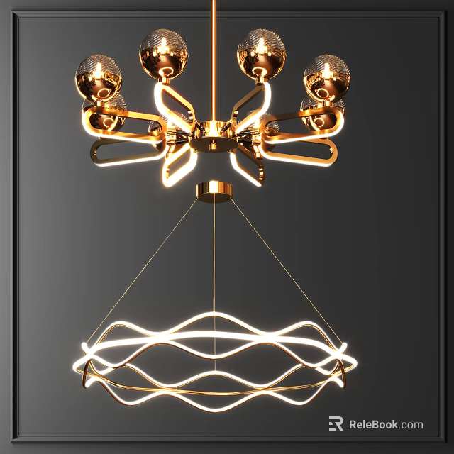 Modern Golden Chandelier With Wave Shaped LED Light For Interior Decoration 3d model 