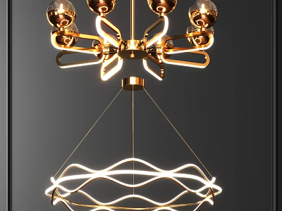 Modern Golden Chandelier With Wave Shaped LED Light For Interior Decoration 3d model