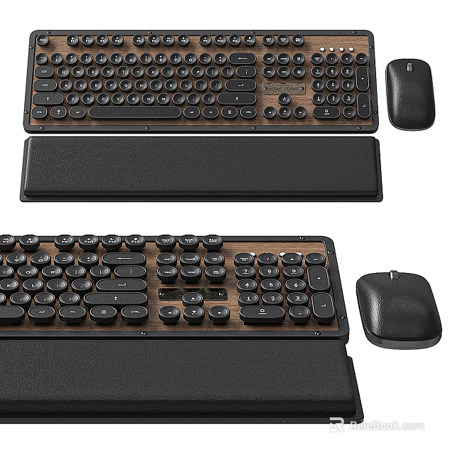 Wireless Computer Keyboard And Mouse Set With Ergonomic Wrist Rest And Wooden Panel Design 3d model