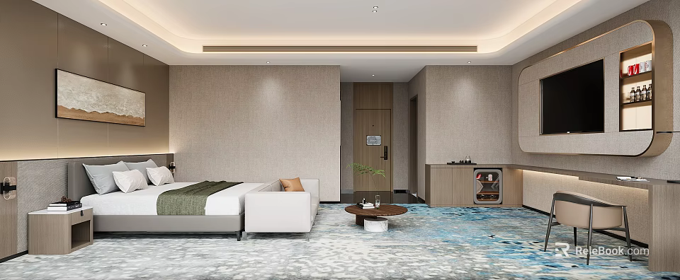 Modern Hotel Guest Room Interior With Bed Sofa Decorative Carpet Small Table And Green Plant 3d model 