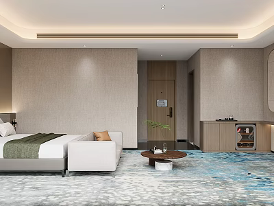 Modern Hotel Guest Room Interior With Bed Sofa Decorative Carpet Small Table And Green Plant 3d model