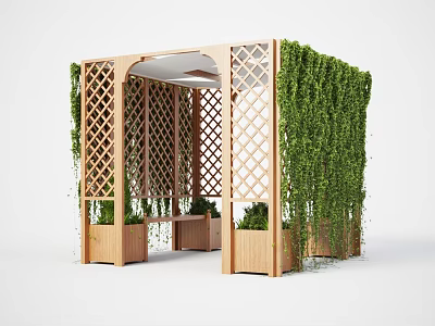 Wooden Pergola With Lattice Design Adorned With Green Vines and Planters For Garden Decoration 3d model