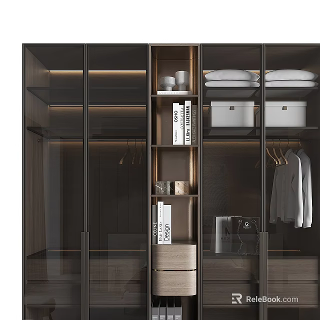 Modern Wardrobe Interior With Glass Doors Wooden Frame Hanging Area Folded Clothes And Storage Boxes 3d model 