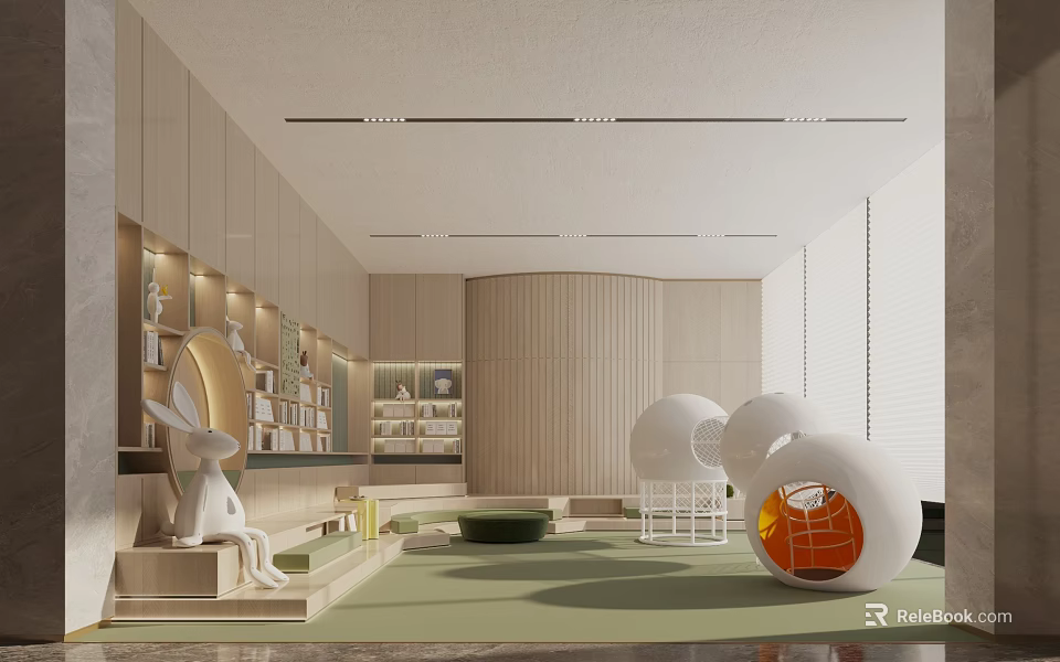 Modern Children's Play Area With Rabbit Decor Spherical Structures And Bookshelves 3d model 
