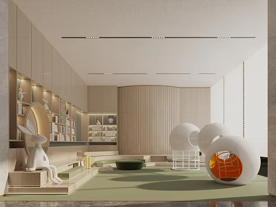 Modern Children's Play Area With Rabbit Decor Spherical Structures And Bookshelves 3d model