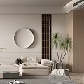 Modern Living Room Interior With Beige Sofa Round Mirror Green Plants And Area Rug