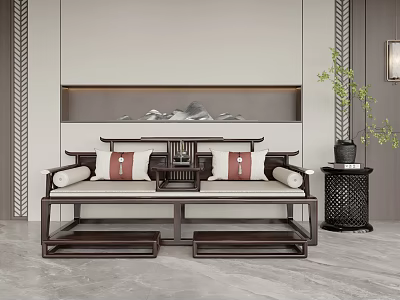 Traditional Chinese Two Seater Sofa With Wooden Frame Red Cushions And Landscape Painting Backdrop 3d model