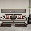 Traditional Chinese Two Seater Sofa With Wooden Frame Red Cushions And Landscape Painting Backdrop