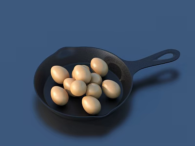 Black Cast Iron Frying Pan Filled With Light Brown Organic Fresh Eggs 3d model