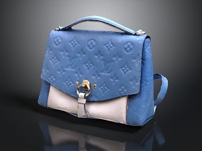 Blue And White Handbag With Embossed Pattern Metal Clasp Top Handle And Shoulder Strap 3d model