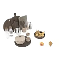 Essential Kitchen Utensils Featuring Wooden Cutting Boards Glass Bottles Metal Tools Ceramic Pot Small Bowls