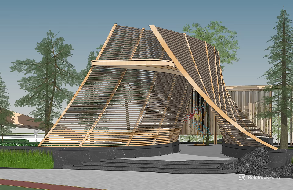Modern Geometric Wooden Pergola Design With Surrounding Trees And Stone Steps 3d model 