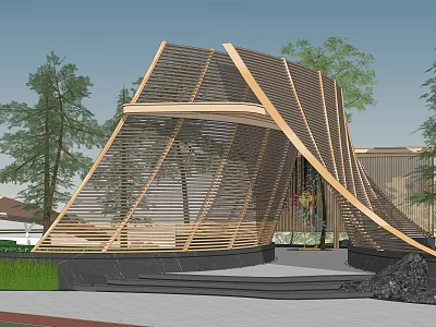 Modern Geometric Wooden Pergola Design With Surrounding Trees And Stone Steps 3d model
