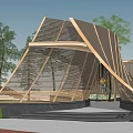 Modern Geometric Wooden Pergola Design With Surrounding Trees And Stone Steps