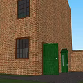 Traditional Ancient Building Featuring Red Brick Structure Green Door And Sloped Roof