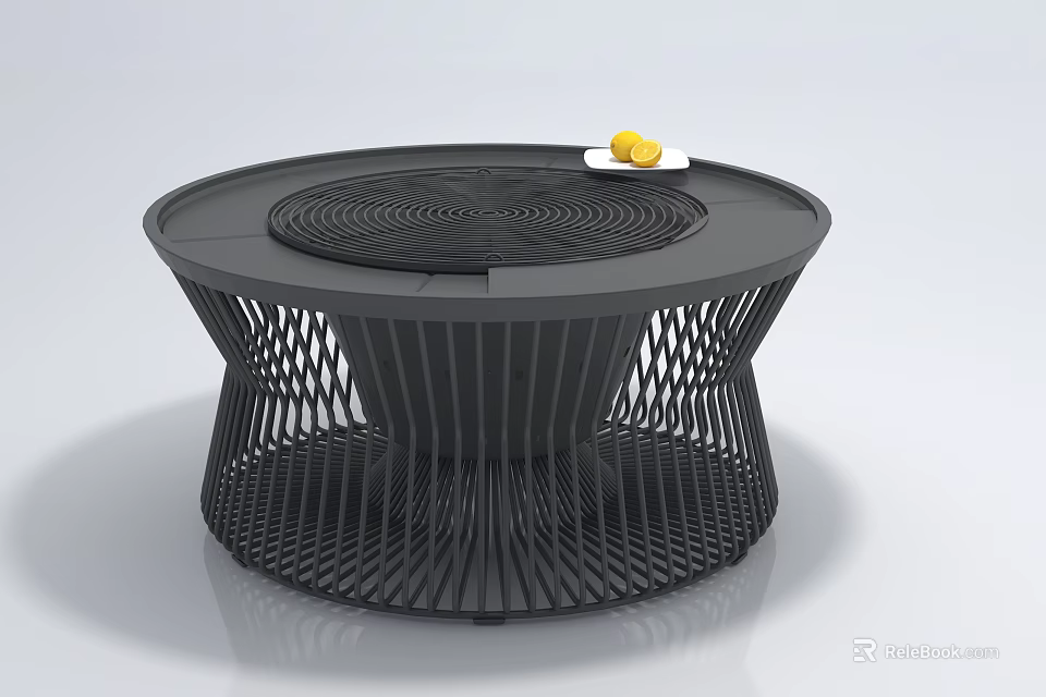 Black Round Coffee Table With Lattice Base And Yellow Decoration On Top 3d model