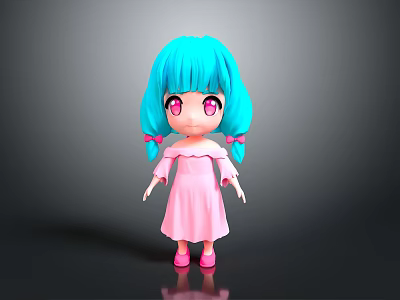 Cartoon Doll With Turquoise Pigtails Pink Dress And Big Eyes On Dark Background 3d model