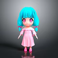Cartoon Doll With Turquoise Pigtails Pink Dress And Big Eyes On Dark Background