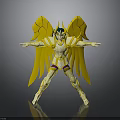 Golden Armored Winged Figure With Yellow Wings And Posed Stance On Reflective Base