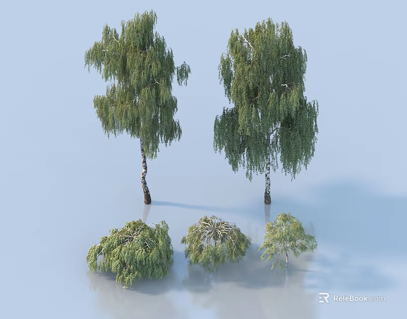 Various Sizes of Green Leafy Trees on Smooth Surface with Light Blue Background 3d model 