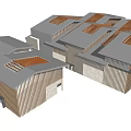 Modern Commercial Complex Exterior With Wooden Panels Stone Walls And Sloped Roofs