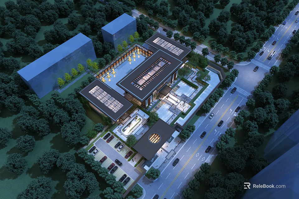 Modern Aerial Planning of Contemporary Architectural Complex With Greenery Roads And Parking Areas 3d model 