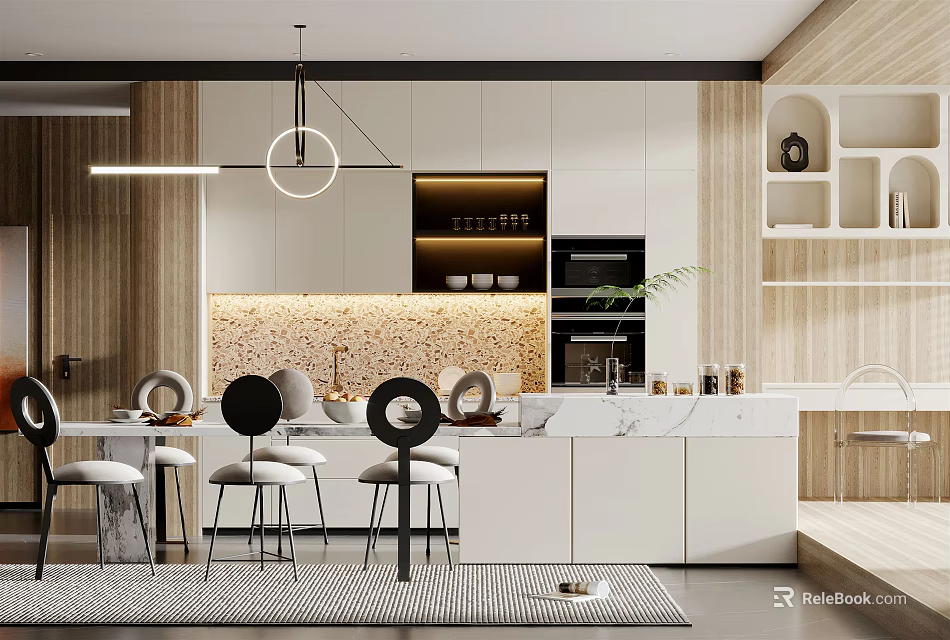 Modern Restaurant Interior Design With Open Concept Wooden Accents Bar Counter And White Cabinets 3d model 