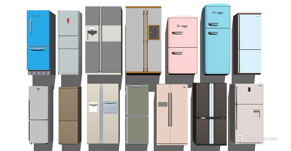 Various Stylish Refrigerators And Freezers With Colorful Designs And Classic Models 3d model 
