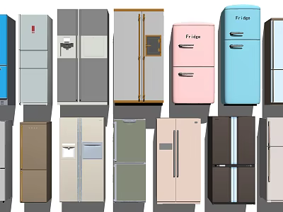 Various Stylish Refrigerators And Freezers With Colorful Designs And Classic Models 3d model