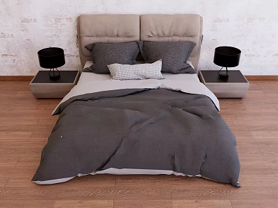 Modern Double Bed With Light Gray Headboard Pillows And Black Table Lamps On Wooden Floor 3d model
