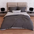 Modern Double Bed With Light Gray Headboard Pillows And Black Table Lamps On Wooden Floor