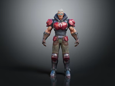 Game Movie Character With White Hair Red And Gray Armor Shoulder Pads Gloves And Boots 3d model
