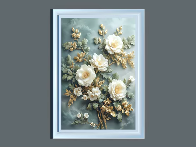 3D Plant Painting Featuring White Roses Golden Leaves and Blue Background 3d model