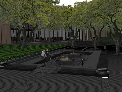 Modern Garden Landscape Design With Trees Seating Fire Pits And Green Lawn 3d model