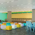 Modern Conference Room With Colorful Seats Large Screen Podium And Bright Lighting