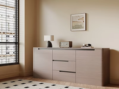 Modern Light Gray Console Cabinet And Sideboard With Table Lamp Wall Art And Window Blinds 3d model